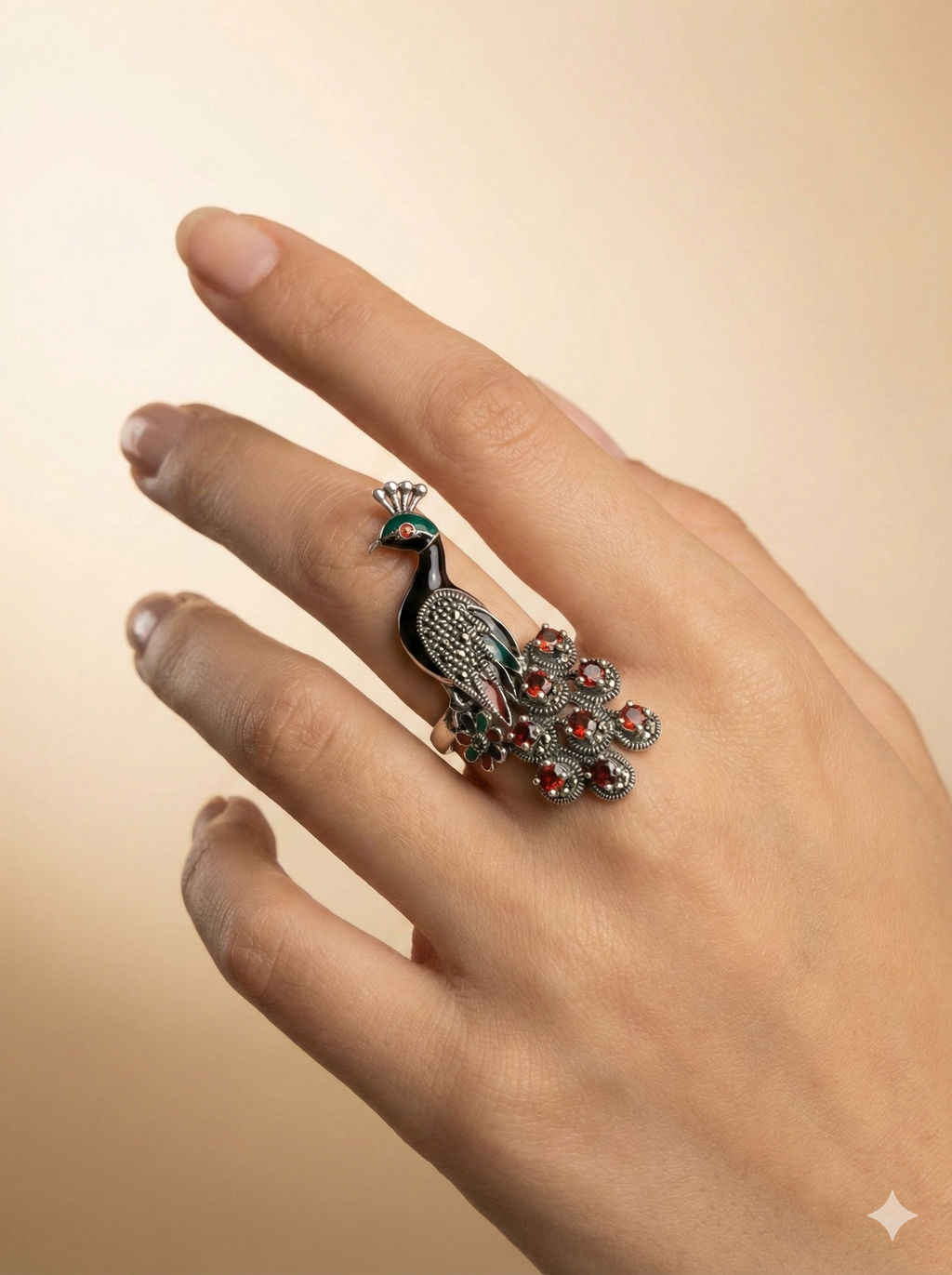 Majestic Peacock Marcasite & Garnet Ring