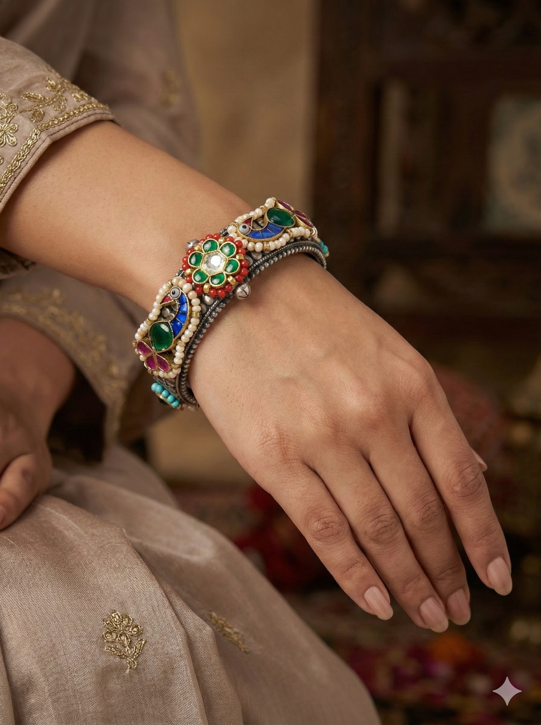 Twin Peacock Meenakari Kada