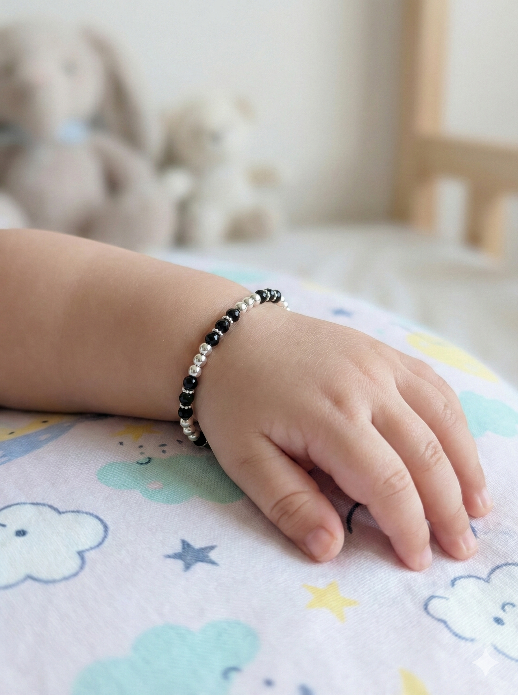 Polished Silver Sparkle Black Bead Nazariya Set