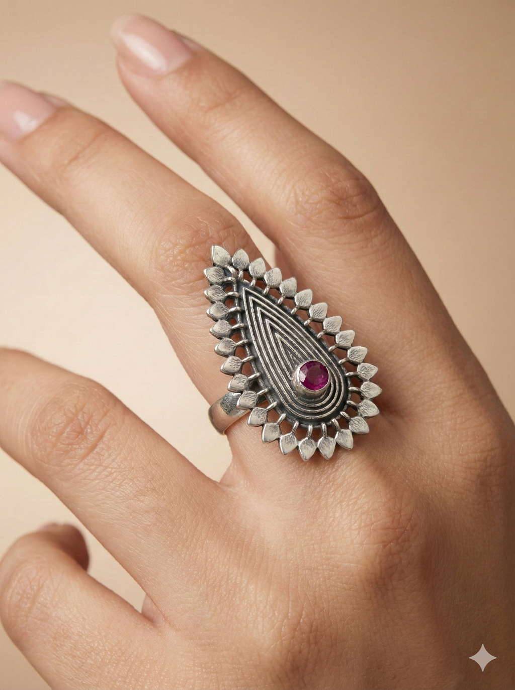 Vintage Teardrop Oxidized Silver Ring with Ruby Center