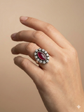 Ruby Red Marquise Halo Ring in Oxidized Silver