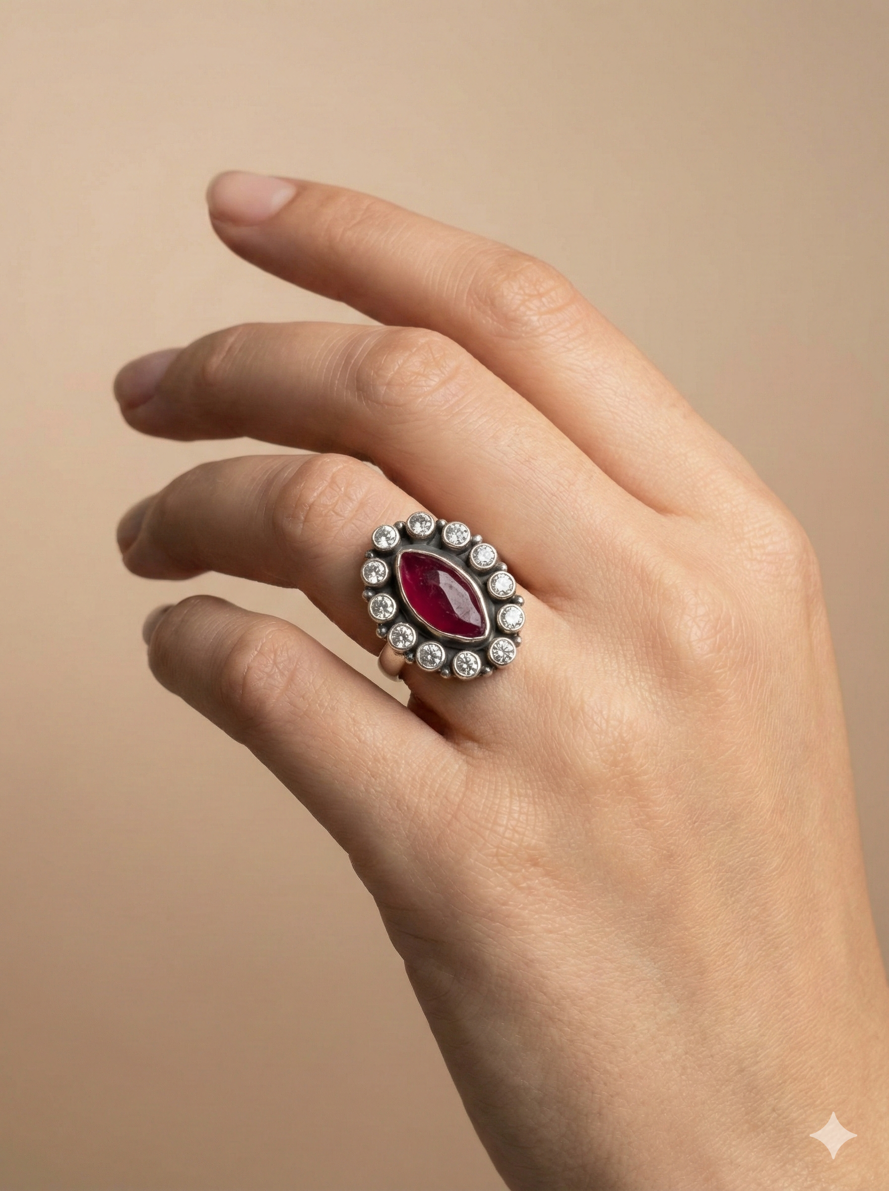 Ruby Red Marquise Halo Ring in Oxidized Silver