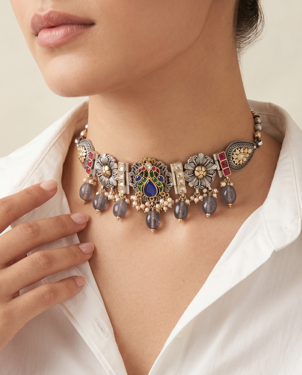 Royal Peacock Dual-Tone Silver Fusion Choker