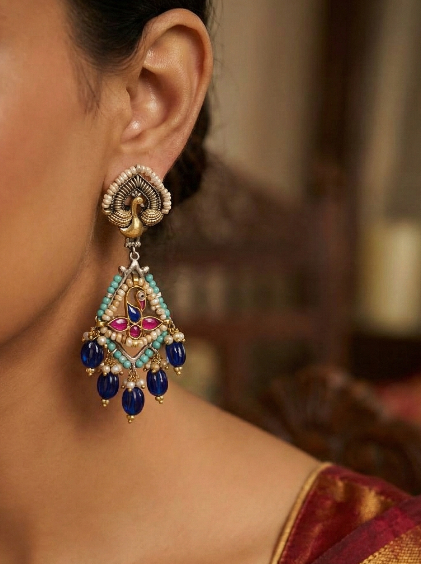 Geometric Peacock Tassel Earrings