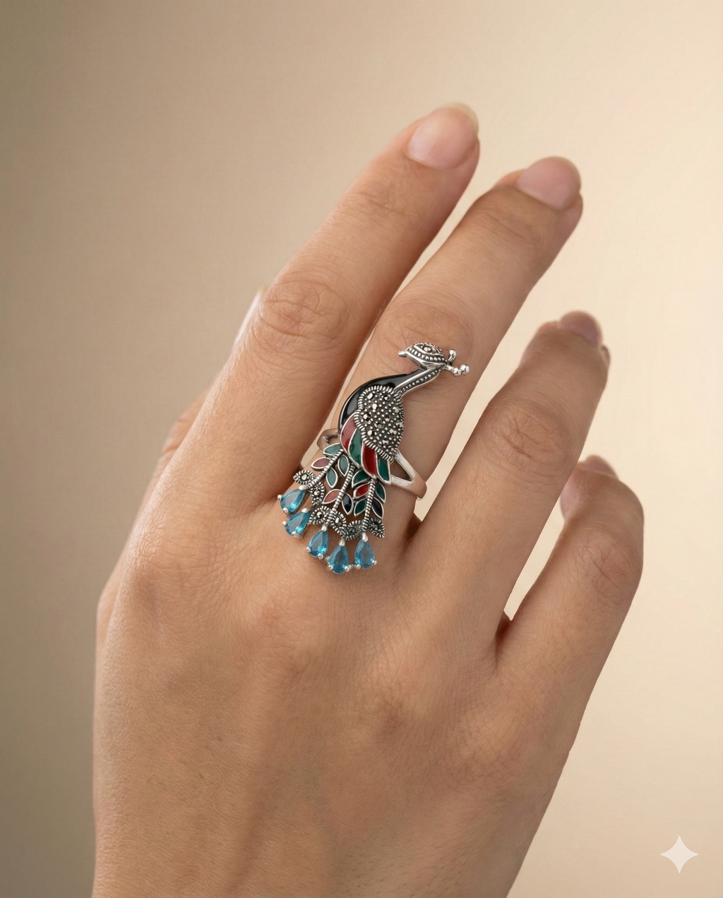 Turquoise Plumage Peacock Enamel Ring