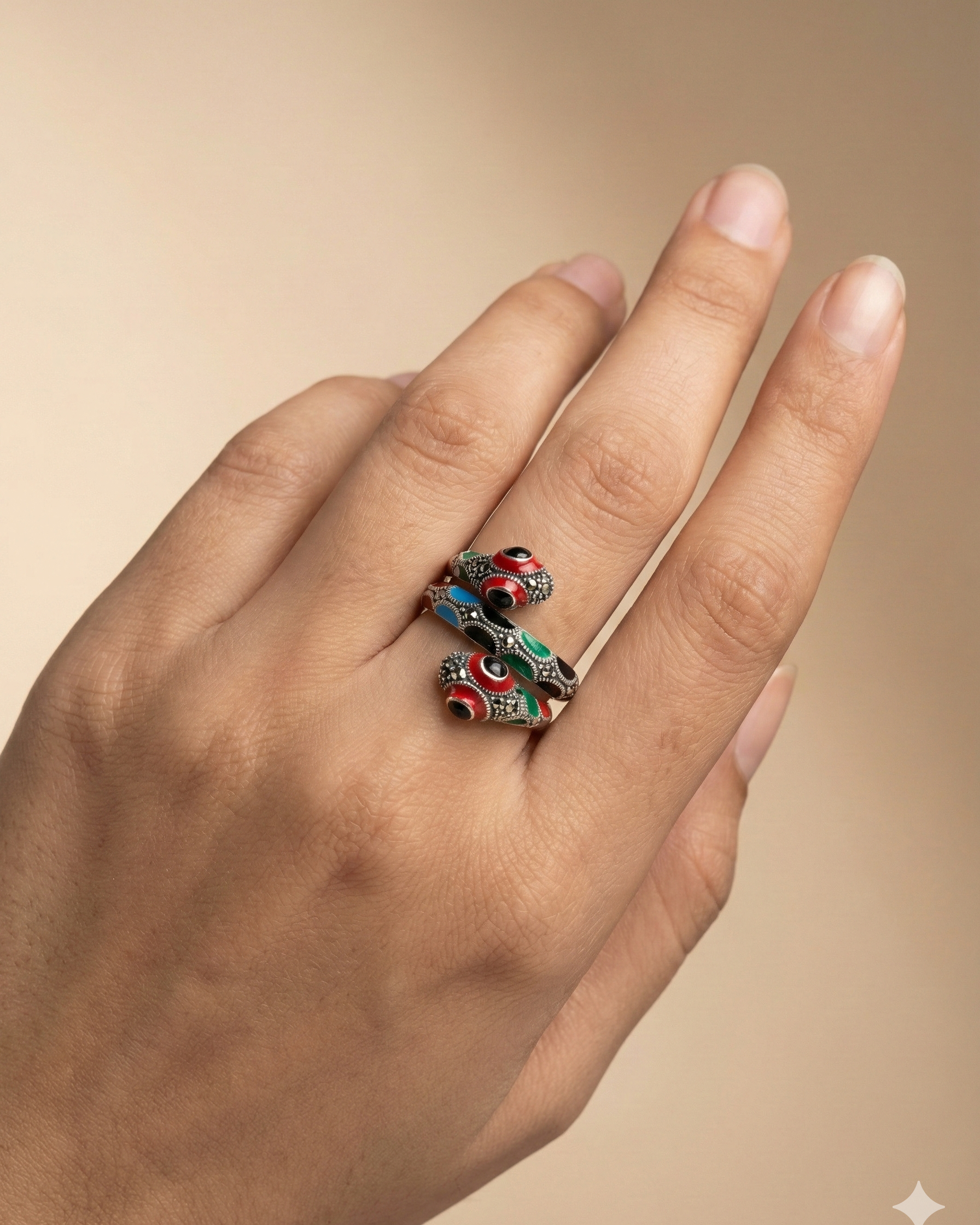 Vintage-Style Marcasite & Multi-Color Enamel Snake Wrap Ring