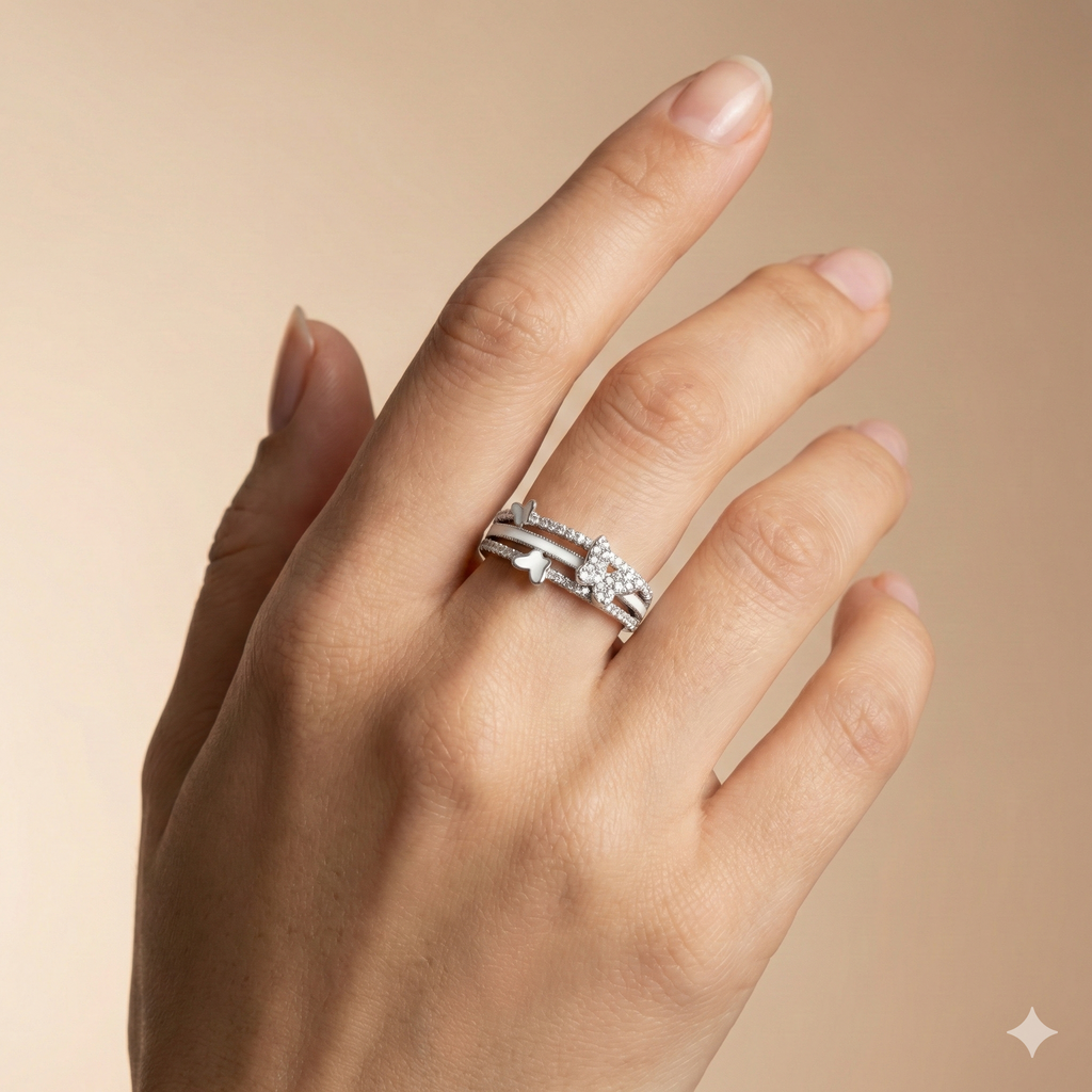 Triple Butterfly Enamel & Zirconia Multi-Layer Ring