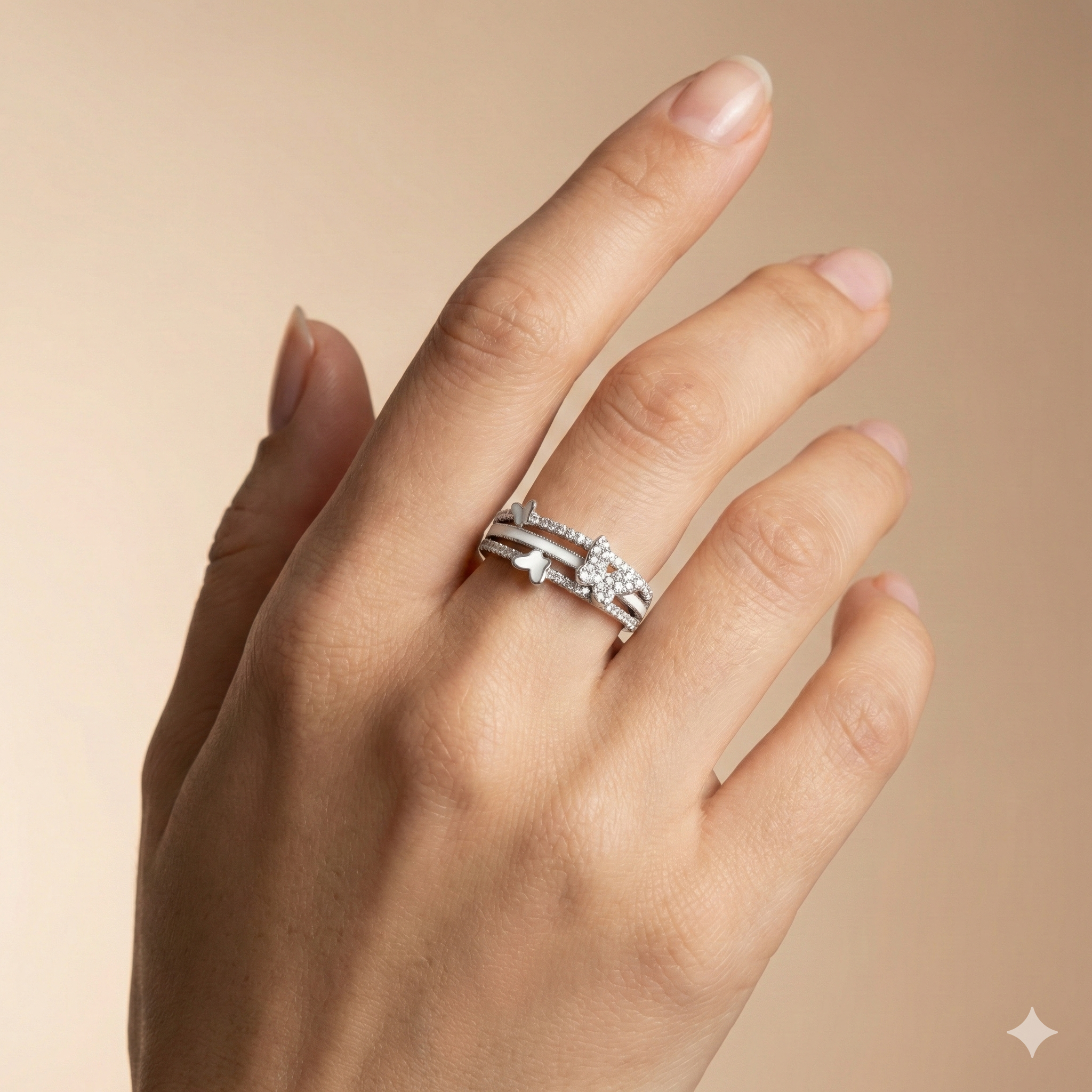 Triple Butterfly Enamel & Zirconia Multi-Layer Ring