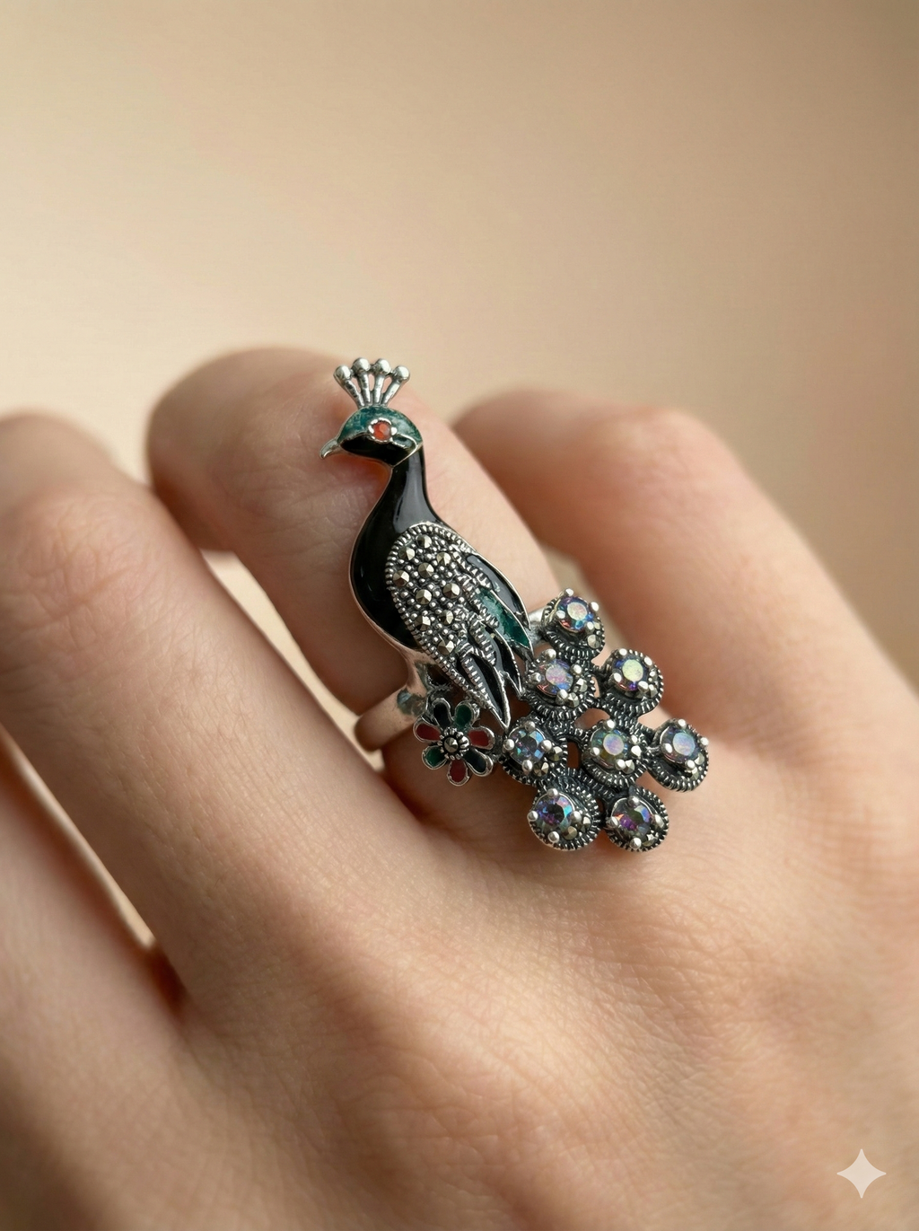 Iridescent Marcasite Peacock Cocktail Ring