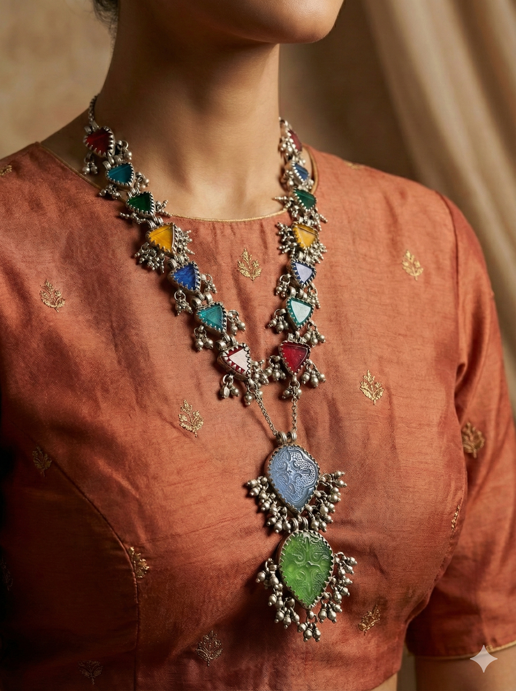 Lapis & Emerald Glass Festoon Antique Necklace