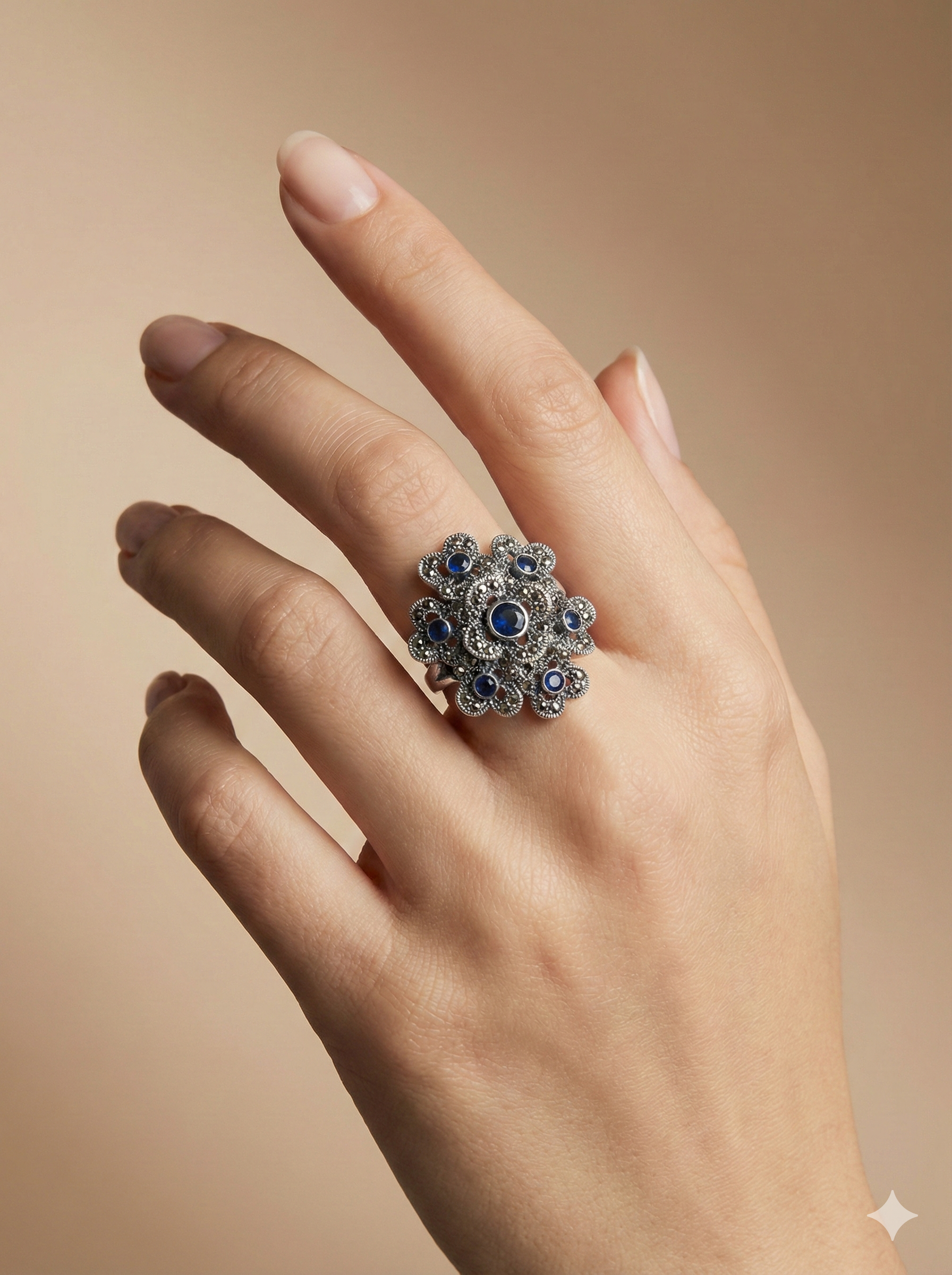 Vintage Marcasite & Sapphire Blue Floral Statement Ring