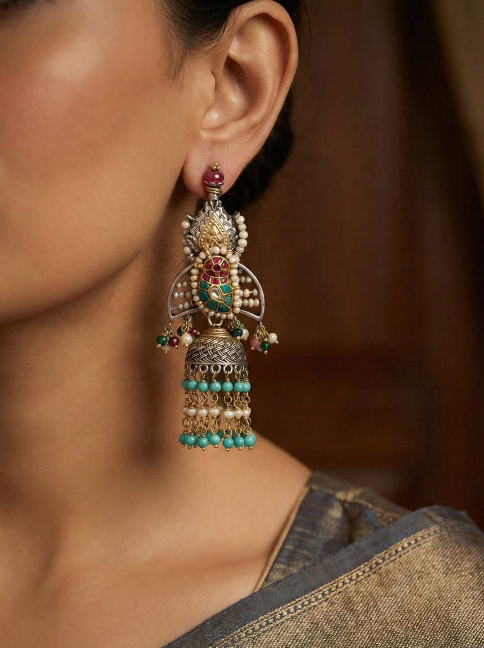 Royal Peacock Jhumka Fusion Earrings
