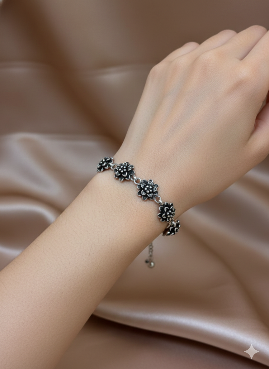 Intricate Oxidized Silver Floral Bracelet