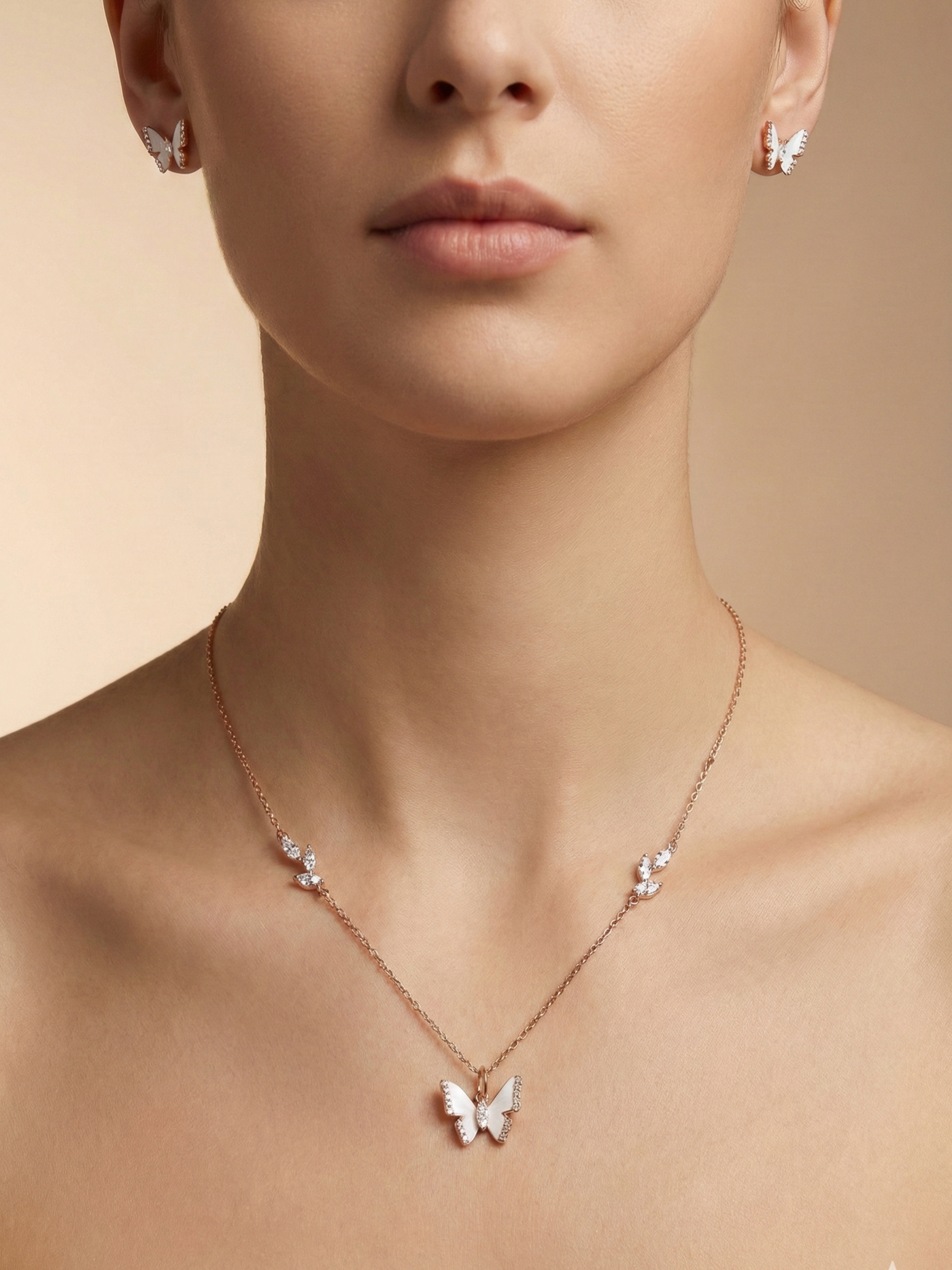 White Enamel Butterfly Wings Pendant and Earrings Set