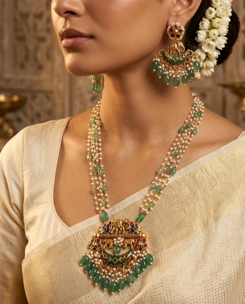 The Royal Gajraj Layered Pearl & Emerald-Hued Necklace